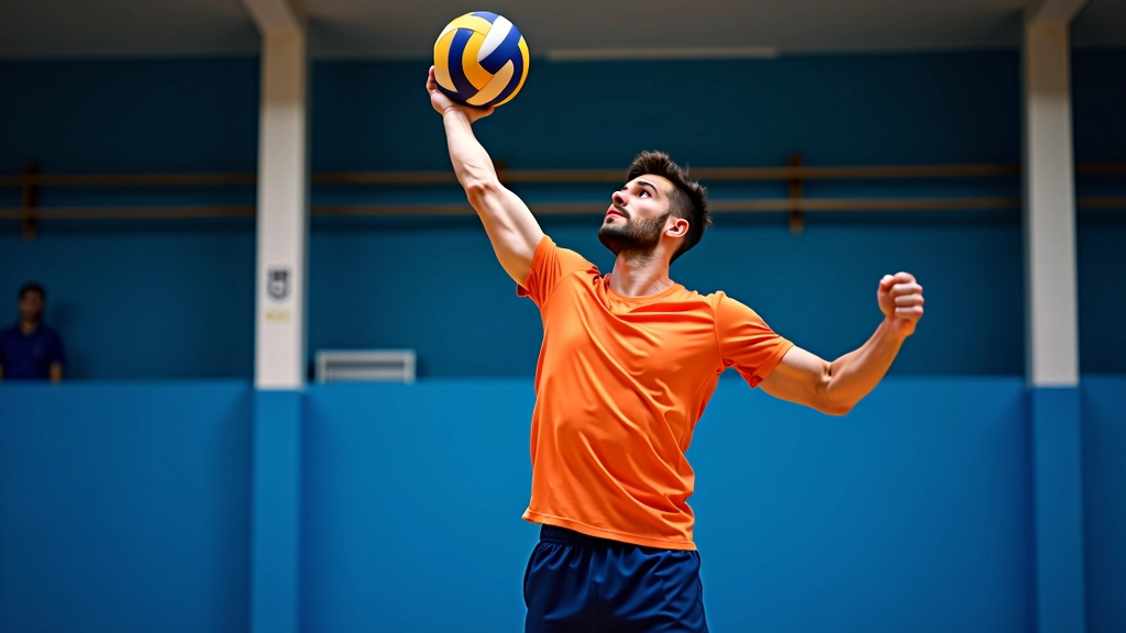 لاعب كرة طائرة يؤدي حركة التمرير العلوي بتركيز على وضعية الجسم الصحيحة والتوازن